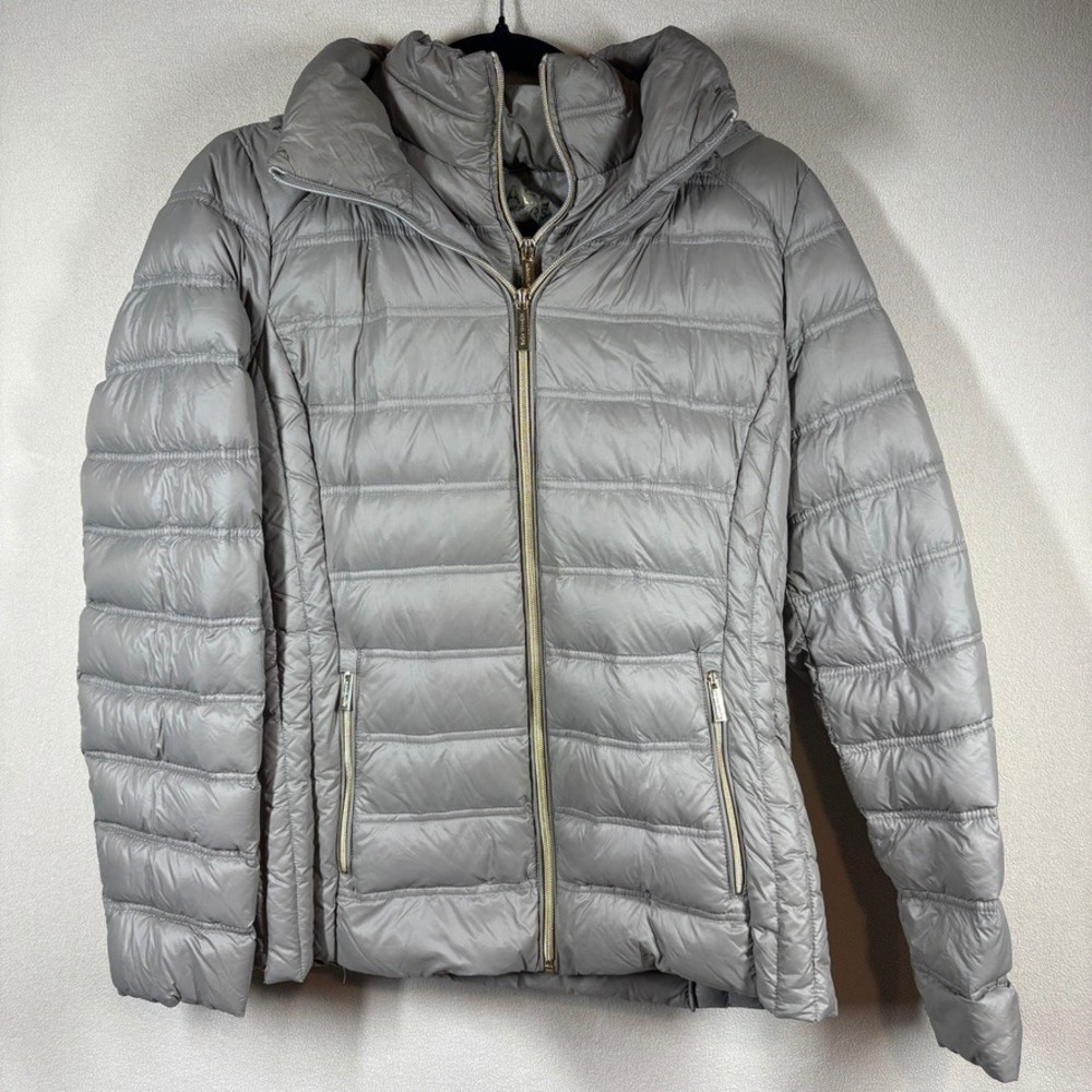 Michael Michael Kors Womens Packable Down Puffer Jacket Gray Taupe Hooded Size M